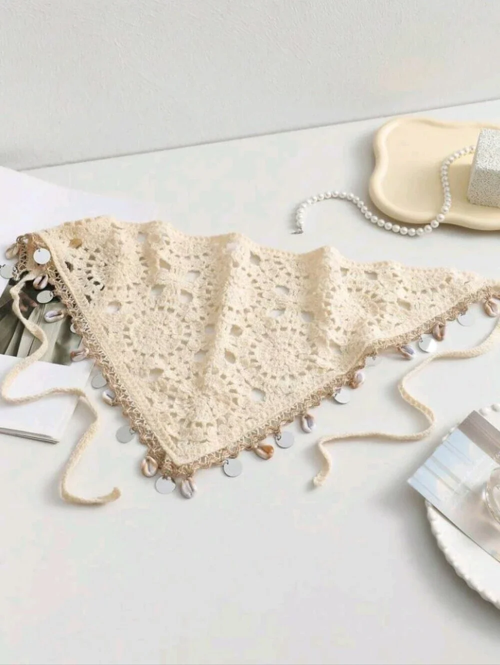 Boho Cream Crochet Bandana Shell Silver Accent Scarf Summer Festive Beach